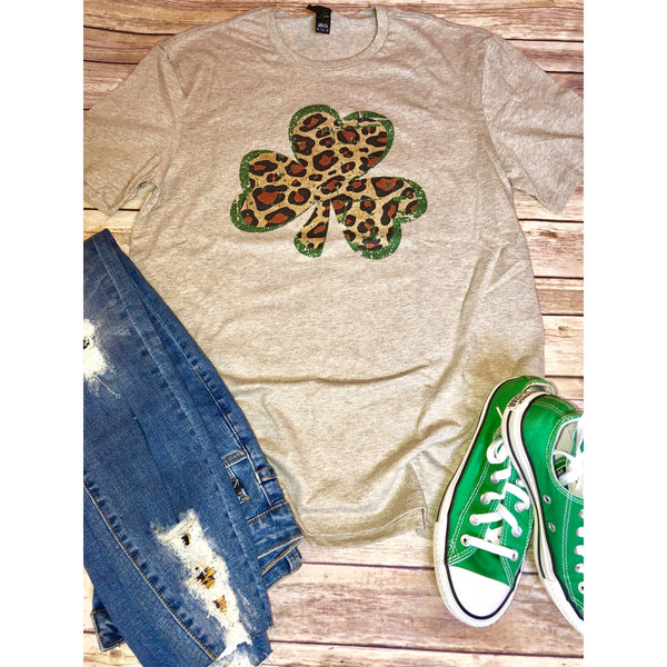 Leopard Shamrock on Latte Crew Neck (Fits True to Size)