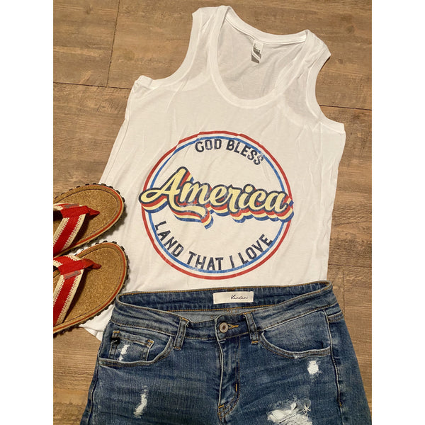 Retro God Bless America on White RacerBack Tank (Fits True to Size)