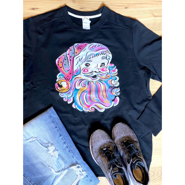 Pastel Santa on Black Sweatshirt (Fits True to Size)